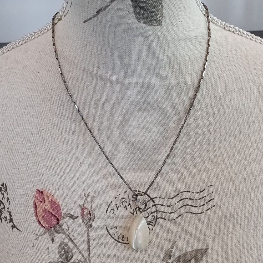 # Vintage Silver Bead Necklace with Mother Of Pearl Pendant